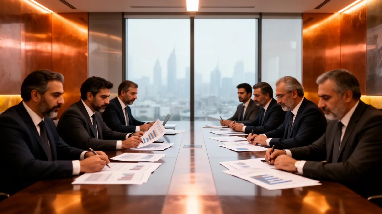 Investment advisory team in a Tehran boardroom reviewing a cross-border mandate