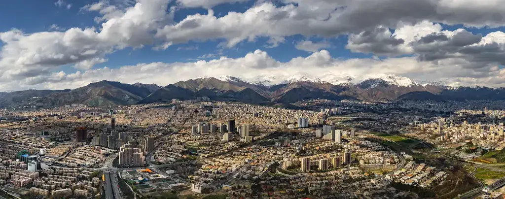 Aerial dusk view of Tehran financial district skyline
