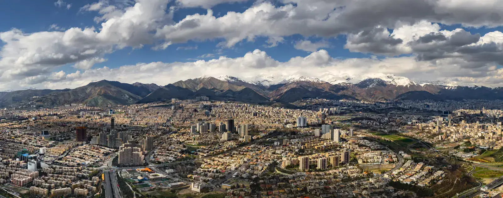 Aerial dusk view of Tehran financial district skyline